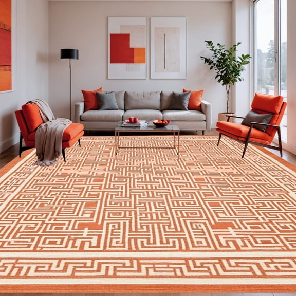 ODIKA 4'x6' Machine Washable Non-Slip Area Rug, Trellis Design Earthy Hues Square High Traffic Rug, Orange, 245201