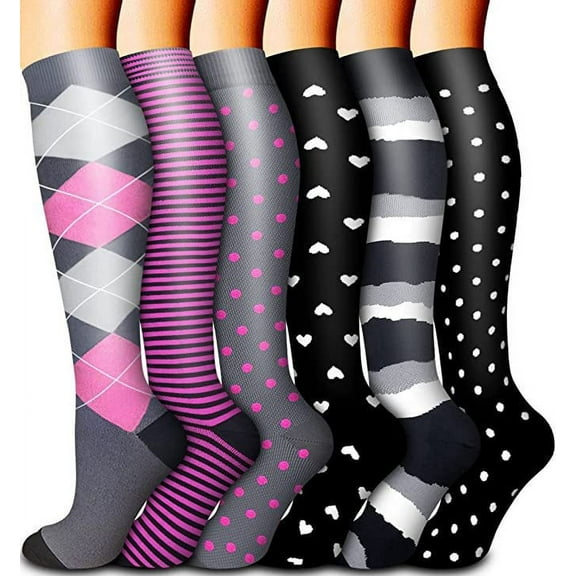Compression Socks for Women Circulation Knee High 6 Pairs for Nurses, Running, Travel, Athletic,Style 27