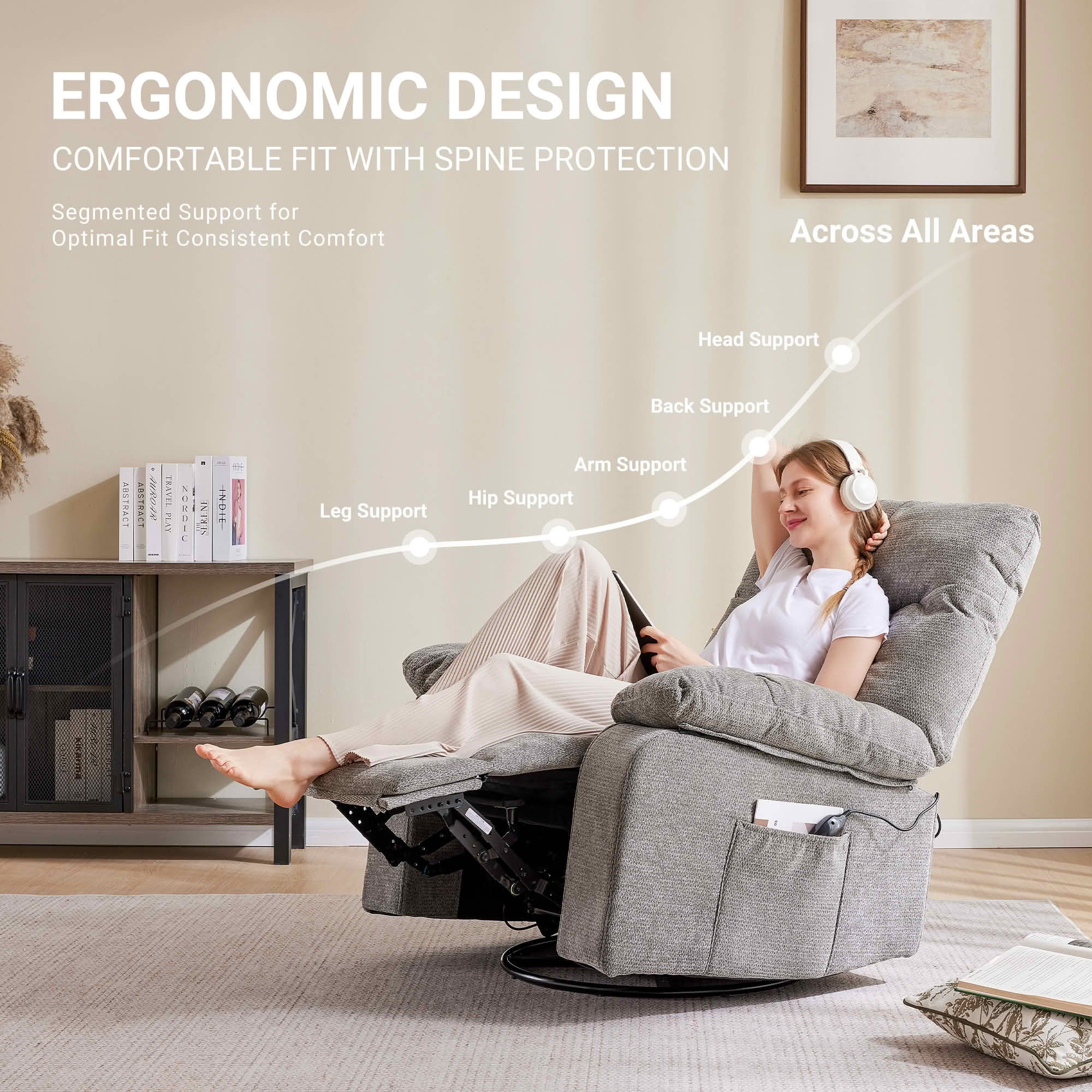 MAYEERTY Ergonomic Adjustable Rocking Rotating Lounge Chair, Vibration Massage Recliner with Lumbar Heating, Chenille Fabric High Load‑Bearing Leisure Chair for Home Use
