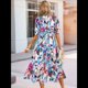 thumbnail image 4 of Vestido Floral con Escote en V para Mujer, Verano 2025, Moderno, Bohemio, Plisado, con Mangas Abullonadas. Azul Rosa M, 4 of 5