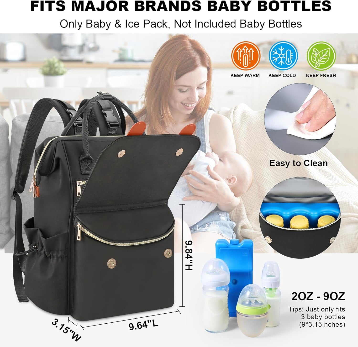 Diaper Bag Backpack with Insulated Cooler & Ice Pack, Large Waterproof Baby Travel Bag for Moms and Dads, Baby Tote Bag Includes Changing Pad, Stroller Straps , Pacifier Case