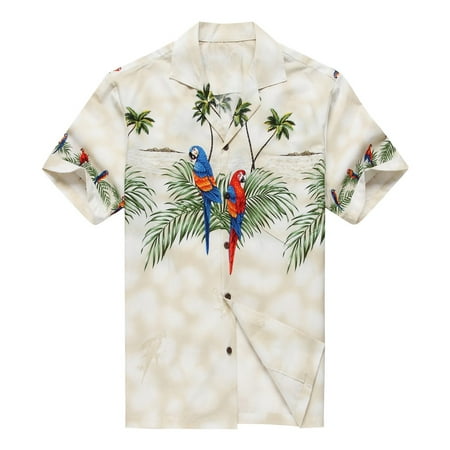 Made in Hawaii Boy Young Adult Luau Aloha Shirt Hawaiian Shirt in Parrots and Palms Matching Front in Off-White