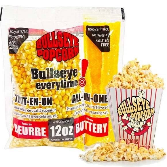 BullsEye Popcorn Boite de 12 sachets pré-mélangé de popcorn 12oz