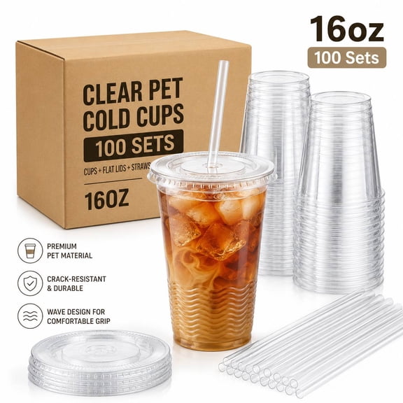 Disposable Plastic Cups, 16oz, Clear, 100 Count