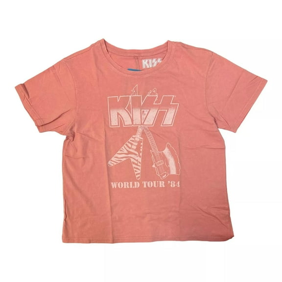 KISS Women's World Tour '84 Rock Band Graphic Printed Short Sleeve T-Shirt Tee Pink XS