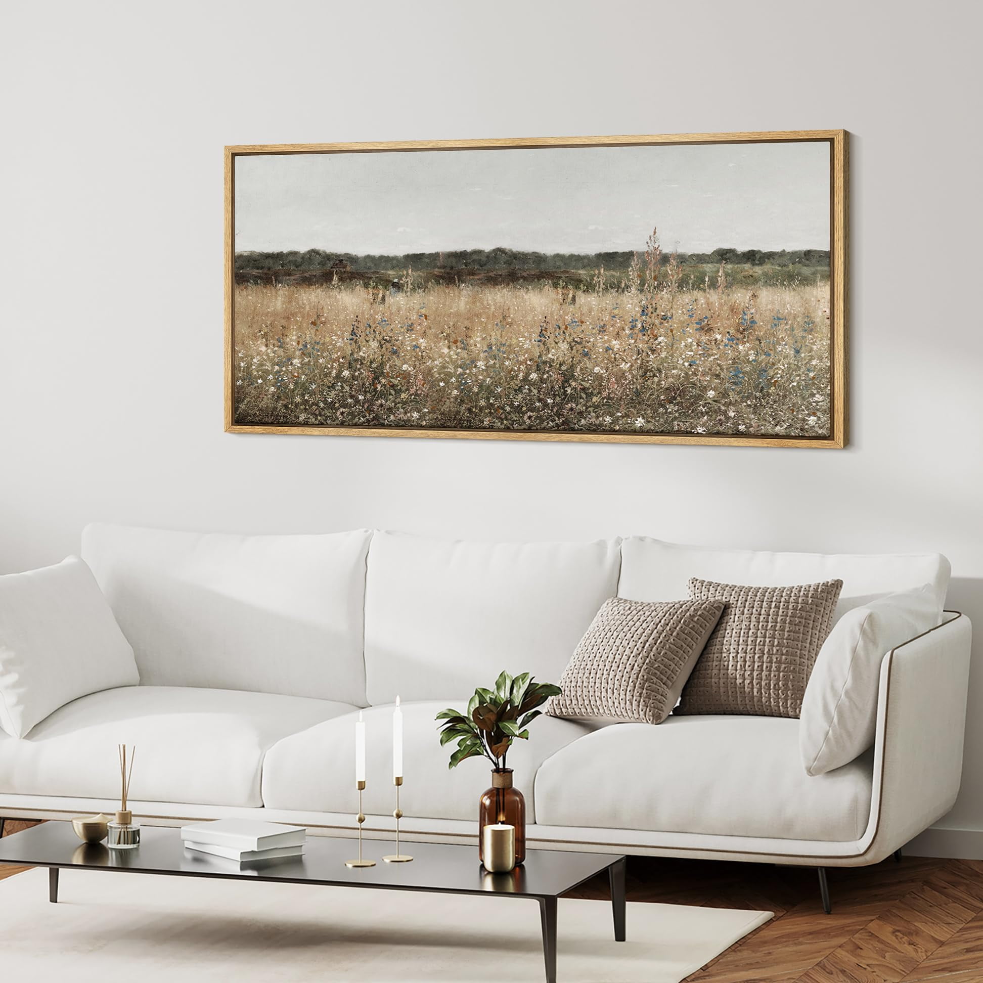 IDEA4WALL Extra Large Framed Canvas Print Wall Art Misty Morning Meadow with Wildflowers Classic Art Nature Wilderness Vintage Wall Decor Oversized Artwork Relax/Calm for Living Room - 60"x30"