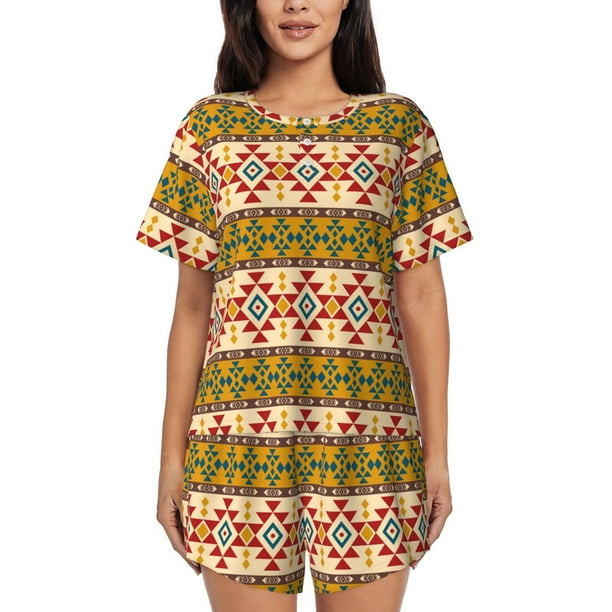 Balery Aztec Conjunto de Pijama para Mujer con Estampado, Dos Piezas de Manga Corta y Shorts, Ropa de Dormir Suave con Cuello Redondo y Bolsillos-Large