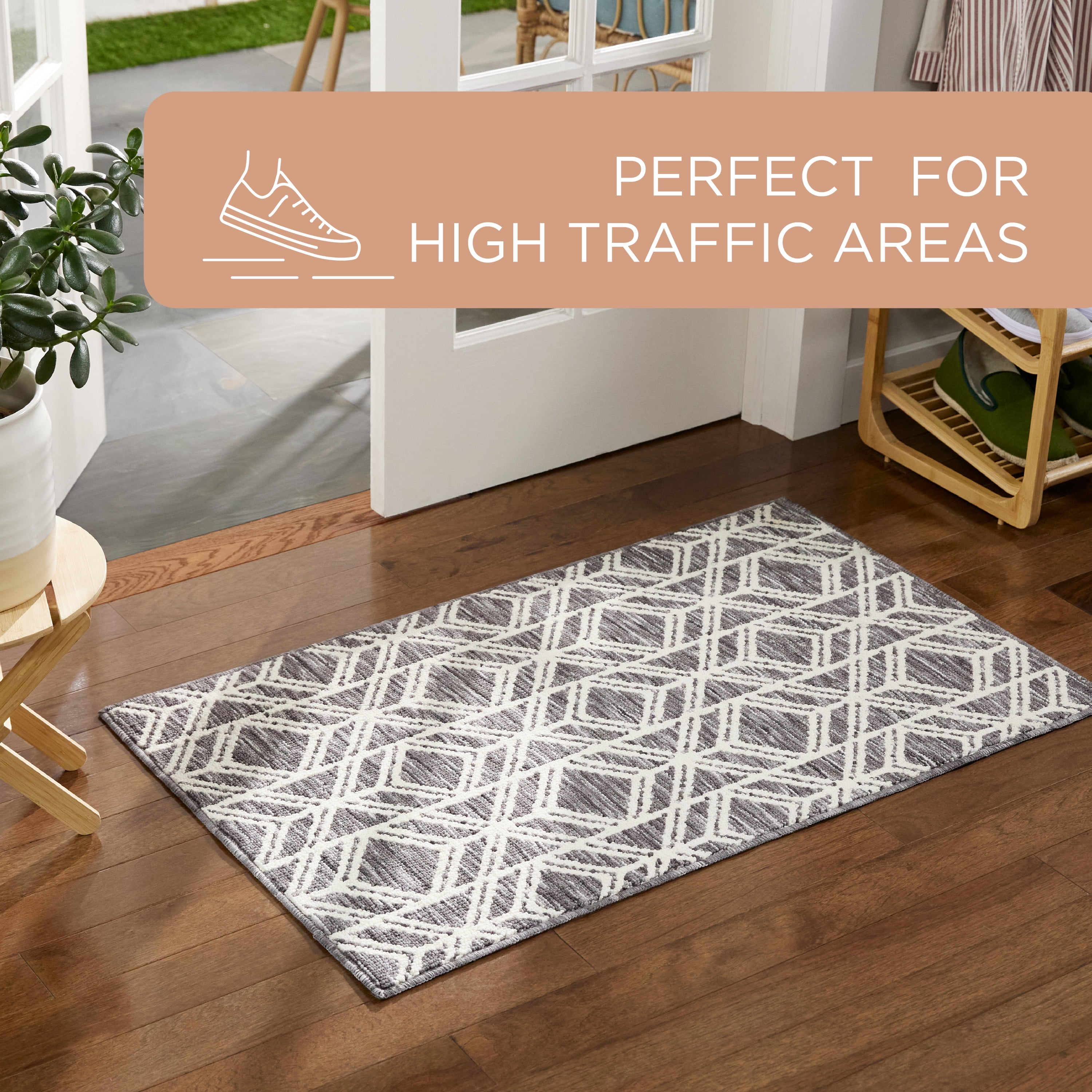 TOWN & COUNTRY EVERYDAY Walker Modern Diamond Everwash® Washable Multi-Use Decorative Rug with Non-Slip Backing, Dark Grey, 24"x72"