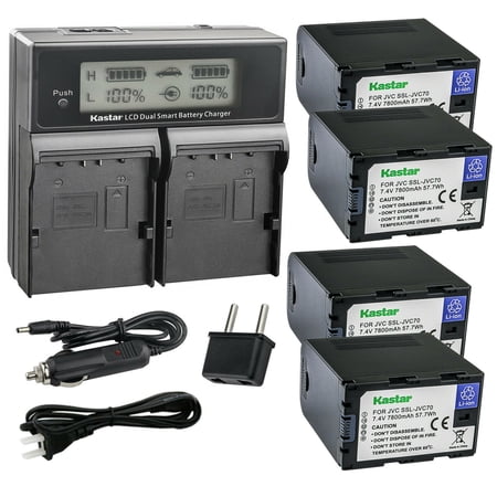 Kastar 4-Pack Battery and AC LCD Dual Fast Charger Compatible with JVC GY-HMQ10 GY-HMQ10E GY-LS300 GY-LS300CHU GY-HM200 GY-HM200U GY-HM200HW GY-HM200SP GY-HM200SP SPORTS GY-HM250 GY-HM250SP