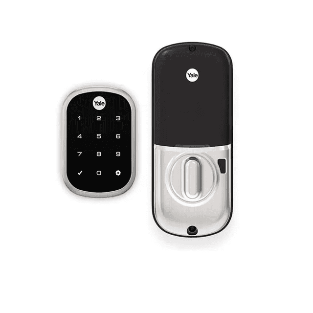 cerrojo assure sl niquel yrd256-nr-619 cerradura digital Yale Assure YRD256 sobrepuesta en níquel satinado con panel táctil negro; vista frontal de la unidad exterior con teclado numérico y unidad interior con perilla giratoria y carcasa gris, permite cierre por código PIN y registro hasta 25 usuarios; también suele usarse para modernizar cerraduras en proyectos DIY.