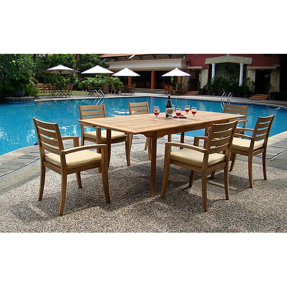 Teak Dining Set:6 Seater 7 Pc - 94" Rectangle Table And 6 Travota Stacking Arm Chairs Outdoor Patio Grade-A Teak Wood WholesaleTeak #WMDSTV5