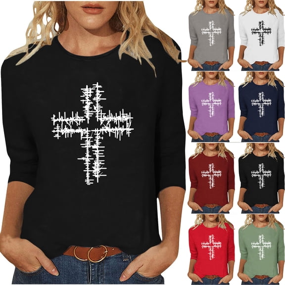UVEASISHA Women's Christian Cross T-Shirt 3/4 Sleeve Religious Print Casual Faith Tops loose fit casual tops for dailywear Green L