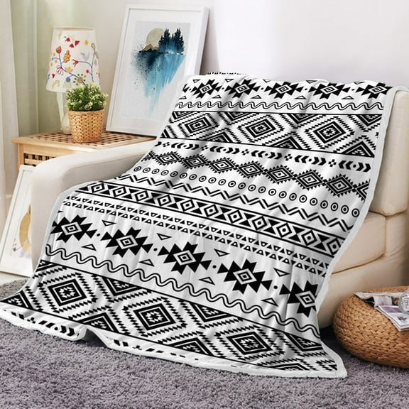 Aztec Blanket, Black and White Boho Native Tribal American Throws Blankets, Southwest Geometric Vintage Flannel Soft Blanket Cover for Couch Chair Bed Outdoor Travel Decor, 50X60IN