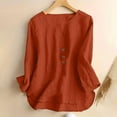 thumbnail image 2 of Uootdi Summer Linen Shirts for Women V Neck Henley Button Down 3/4 Sleeve T-Shirt Blouse Casual Loose Fit Basic Solid Color Tunic Tops Gift, 2 of 4