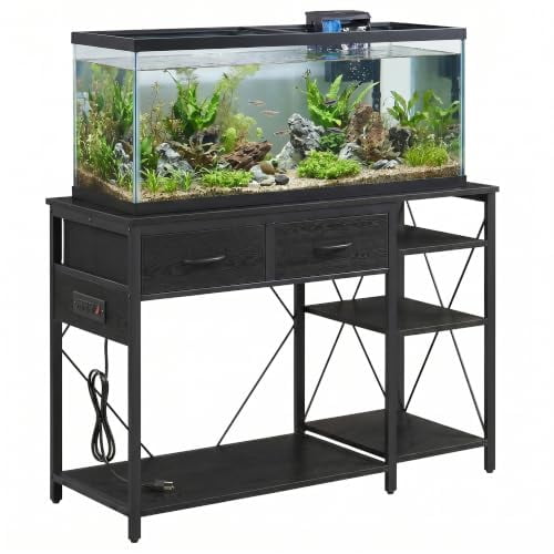 Black 55‑75 Gallon Aquarium Stand, 3‑Tier Storage Shelves with Built‑in Power Outlet