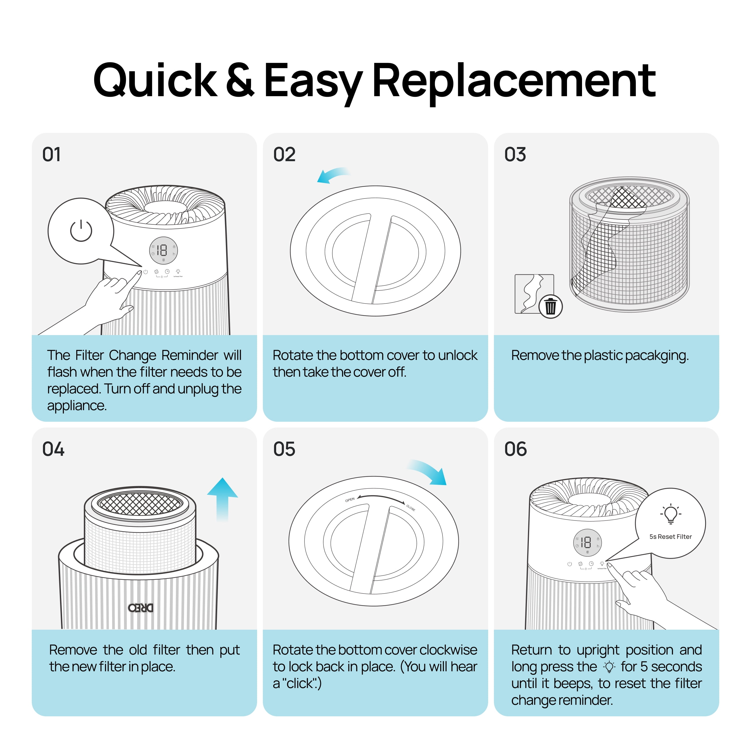 DREO Air Purifier Filter DR-HPA024 White HEPA Dust Filter Compatible with DR-HAP004 1 Pack