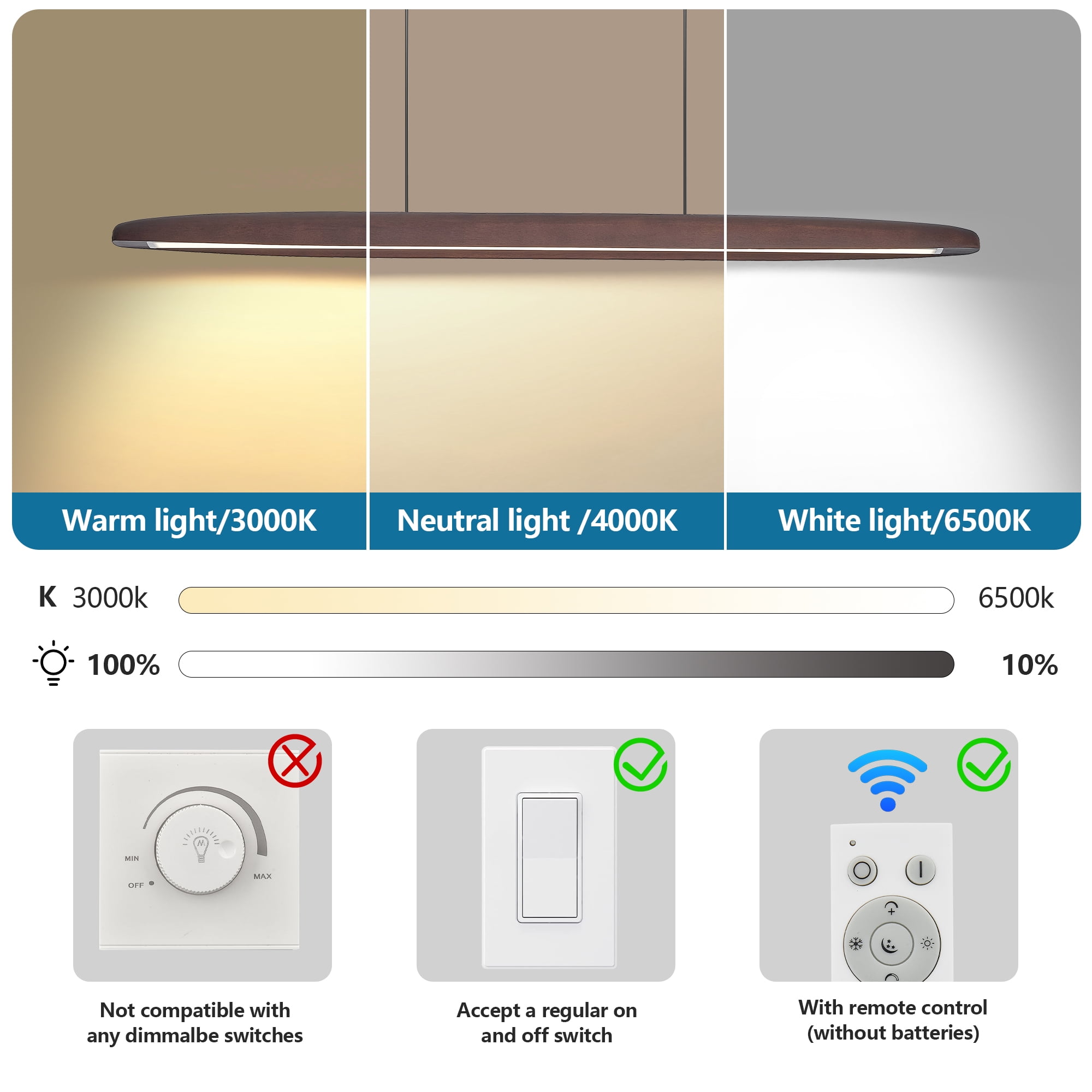 51 Inch Wood Linear Pendant Light Dimmable LED Fixture with Remote for Dining Room Kitchen Island
