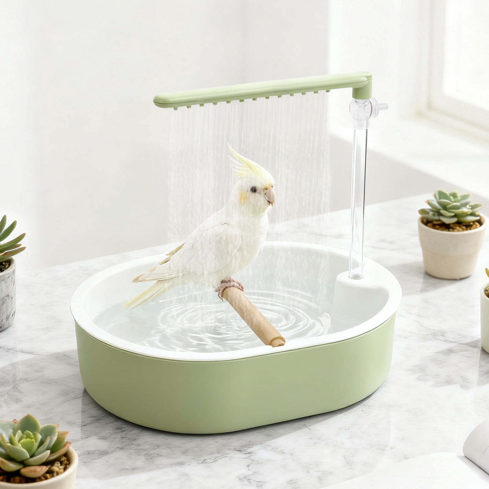 Automatic Parakeet Bird Bath with Pump Adjustable Water Flow Speed Control Valve 5W Quiet Shower Fountain for Small Birds Cockatiel Lovebird Budgie