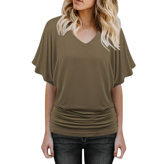 Tiweut Women's Short Sleeve V-Neck Casual Dolman Top with Side Shirring,Brown