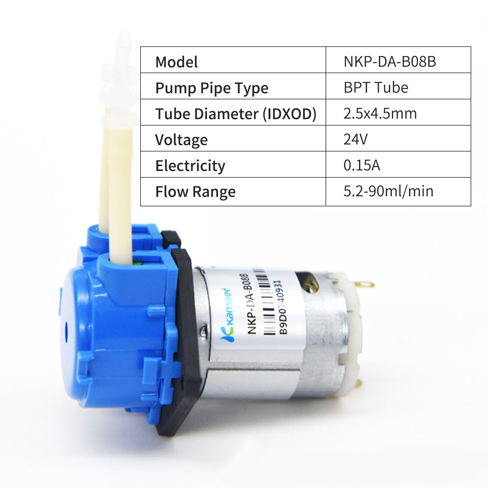 Kamoer Peristaltic Pump Aquarium Liquid Water Pump Flow Adjustable 5.2-90ml/min 24V Dosing Pump for DIY Aquarium Lab Chemical Analysis Dosing Additives 2.5mm ID x 4.5mm OD NKP-DA-B08B