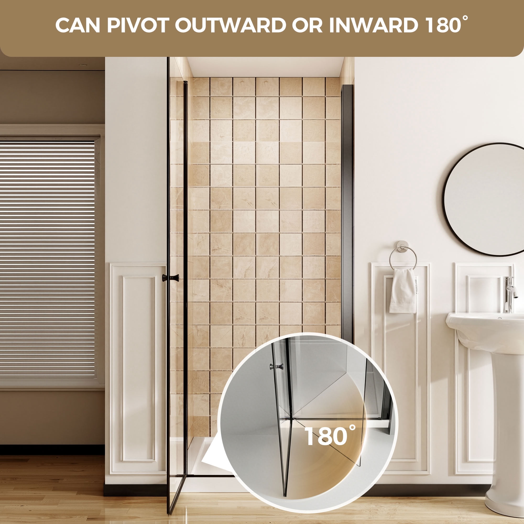 MAYEERTY Frameless Pivot Shower Door, Matte Black, 1/4" Tempered Glass with Explosion-Proof Film, Waterproof & 180° Pivot