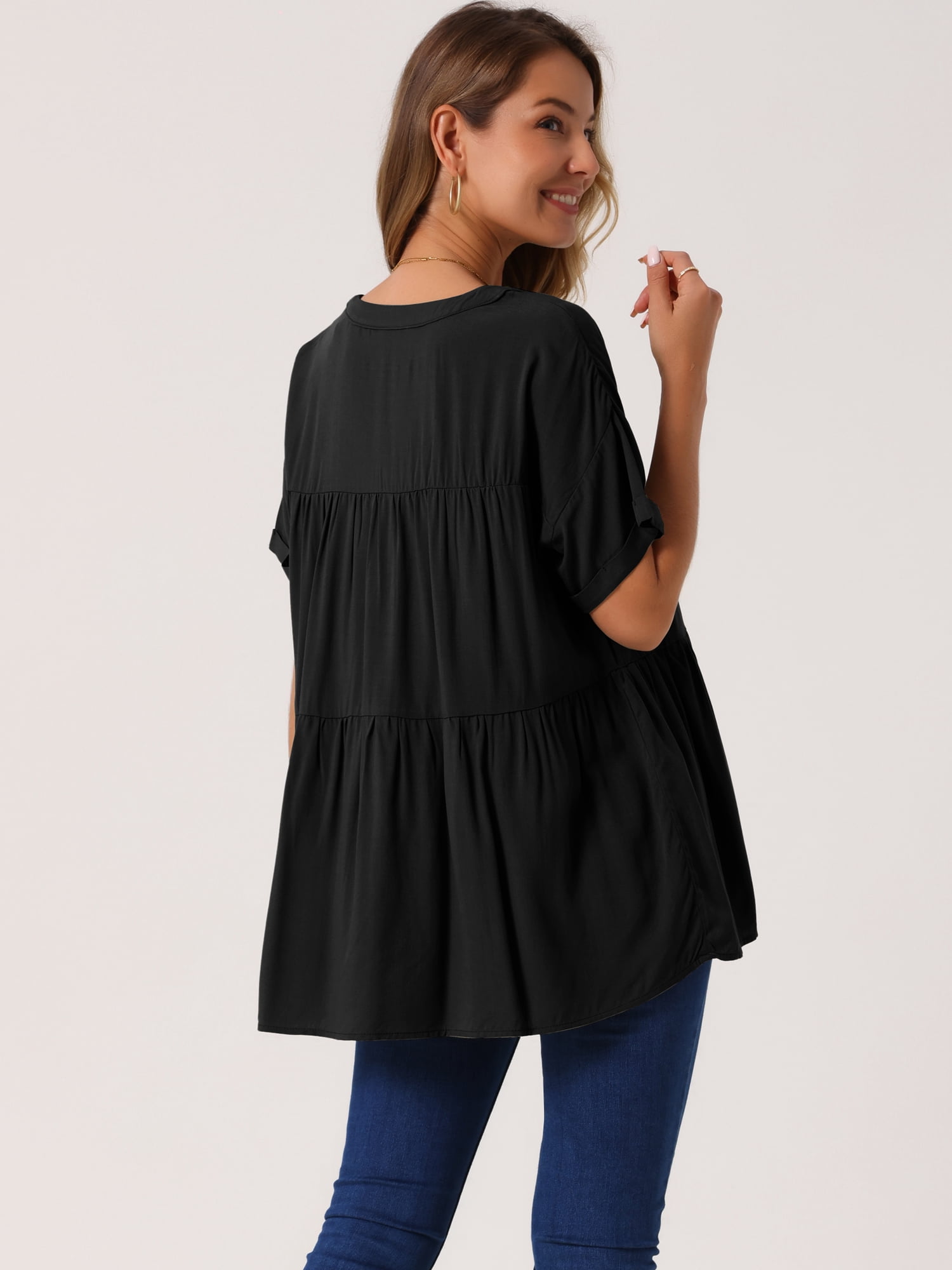 DARING DIVA Women's Babydoll Casual V Neck Short Sleeve Peplum Blouse L Black