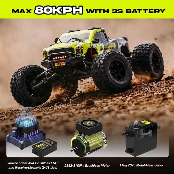 AMORIL 1/10 Brushless RC Cars 4WD RTR, Max 50MPH High Speed Remote Control Truck, Waterproof Off-Road Monster Truck for Adults with 3S Lipo Battery, Green