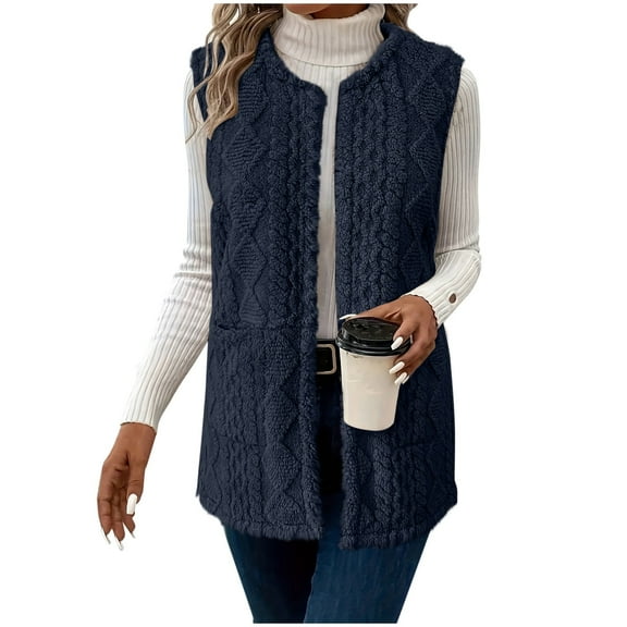 Women's Fleece Vest Sleeveless Crewneck Sherpa Vest Jacket Casual Cable Knit Comfy Fuzzy Fall Winter Coat With Pockets (XL, Dark Blue)
