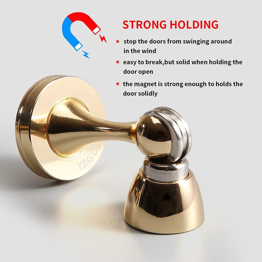 JJEAN-1 Pack Magnetic Door Stopper Catch, Zinc Alloy Bright Gold Door Stops Holder Wall Floor Mounted, Magnet Metal Soft-Catch Doorstop