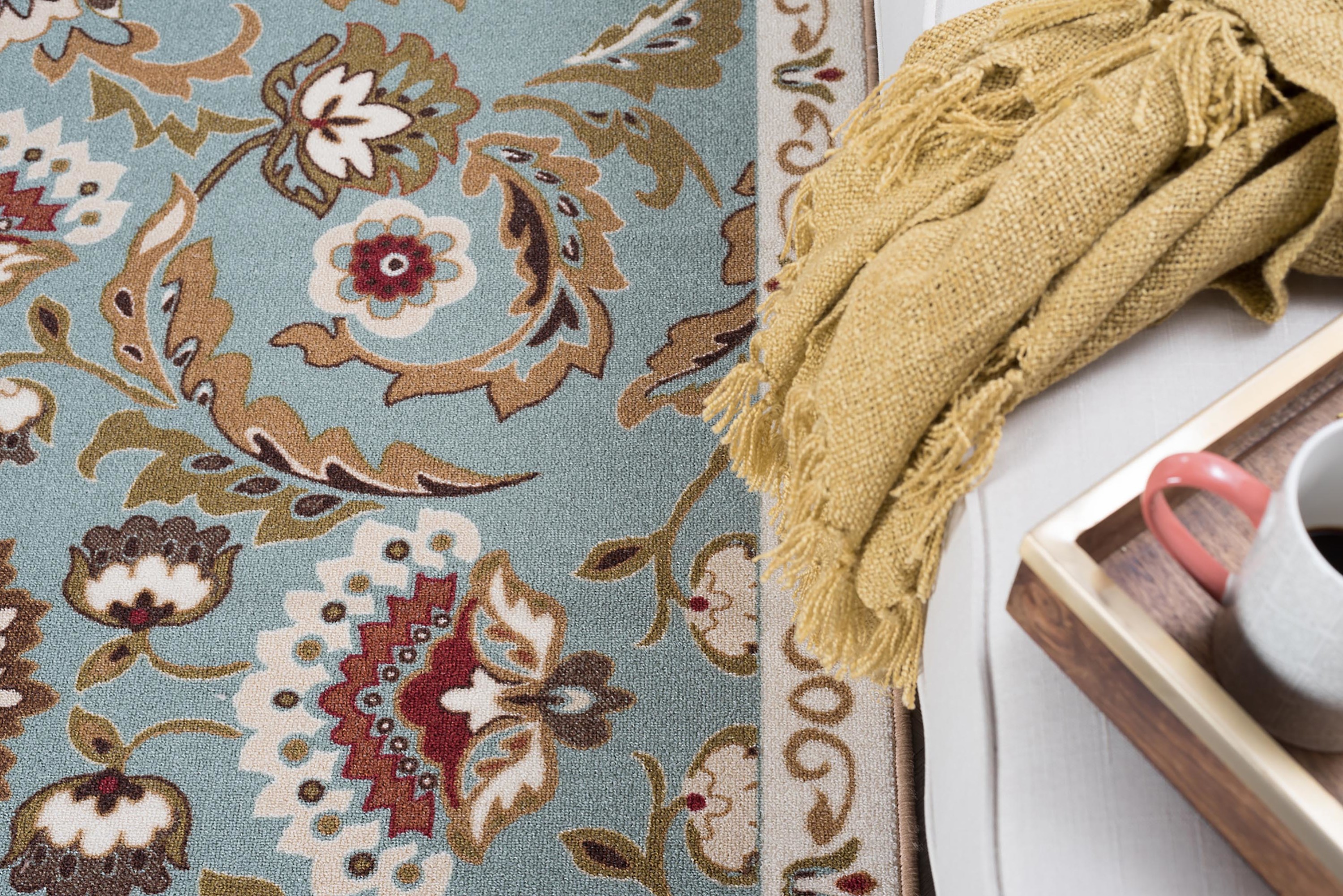 Transitional 7x10 Area Rug (6'7'' x 9'6'') Floral Seafoam, Beige Living Room Easy to Clean