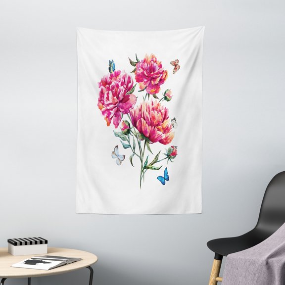 Watercolor Flowers Tapestry, Vibrant Carnation Bouquet Surreal Spring with Butterfly Spring Buds, Wall Hanging for Bedroom Living Room Dorm Decor, 40W X 60L Inches, Multicolor, by Ambesonne