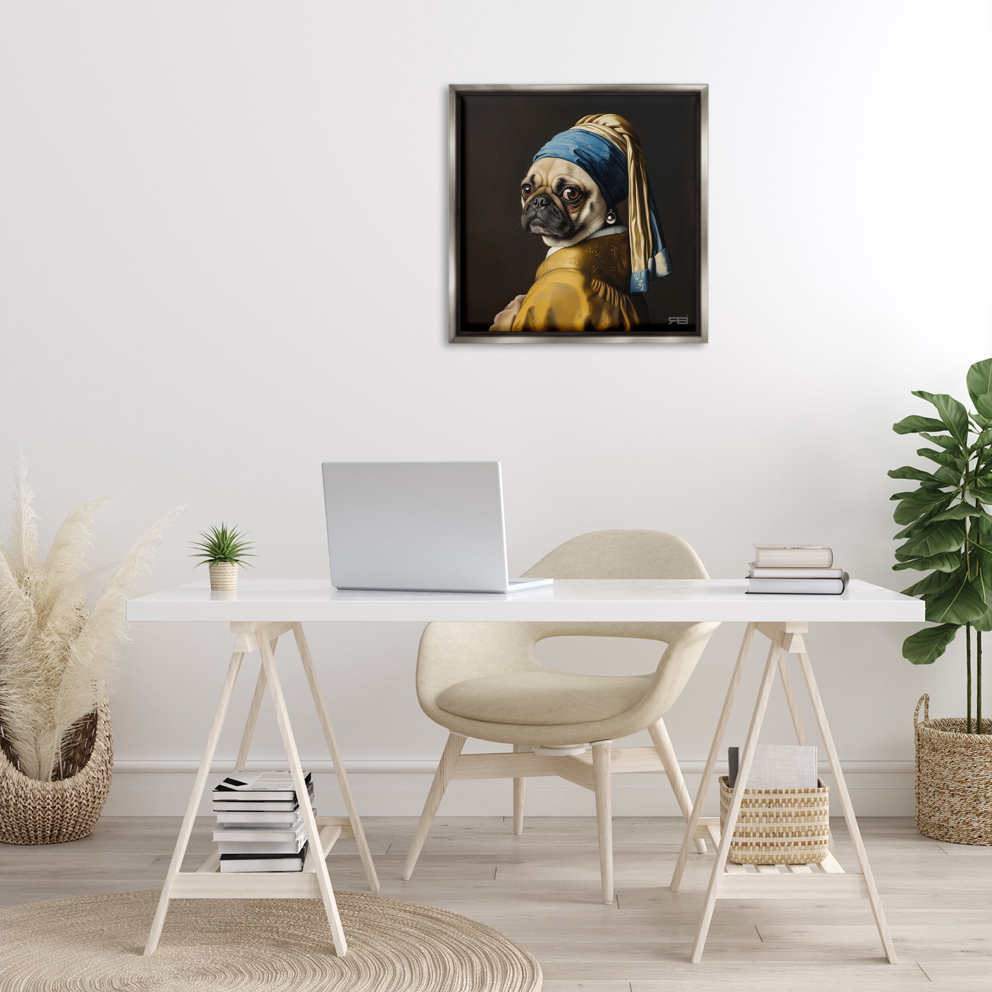 Stupell Industries Pearl Earring Classic Dog Animals & Insects Painting Gray Floater Framed Canvas Art Print Wall Art, 25 x 25