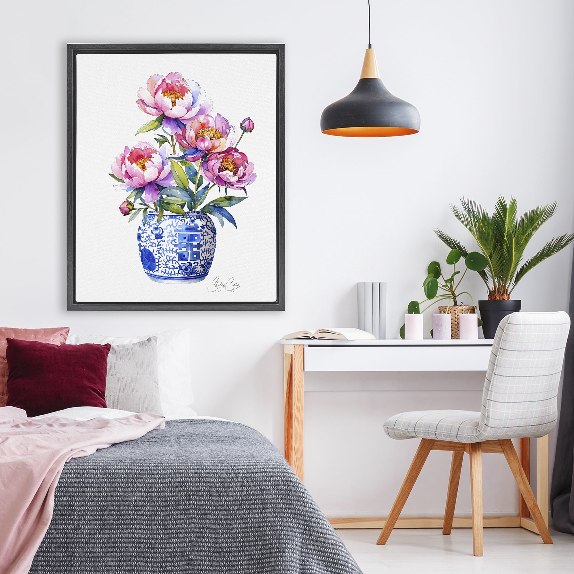 Stupell Industries Blue Dynasty Blooms Black Framed Floater Canvas Wall Art, design by Shelly Craig