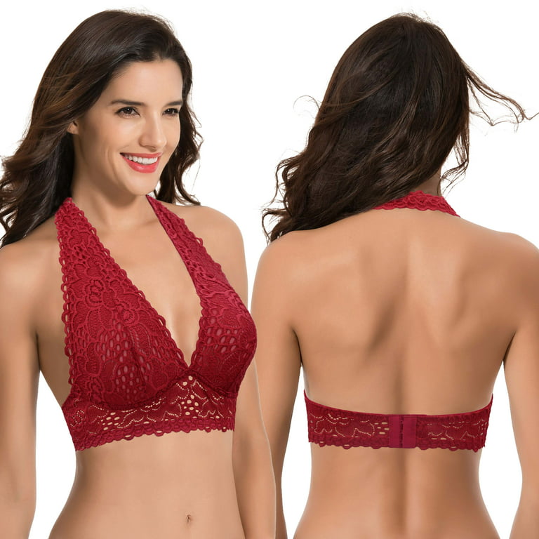 Curve Muse Plunge Bralette with Floral Lace-2pack-RED,GREY-XL