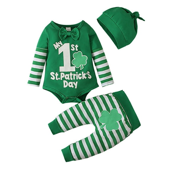 WIBACKER 0-12M Newborn Baby Boy My First St. Patrick's Day Clothes Clover Romper  Pants Hat 3PCS Infant Outfit