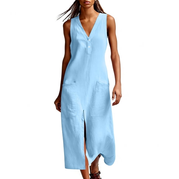 Vhkiploz Summer Long Linen Tank Dress For Women'S Sleeveless V-Neck Half-Button Front Split A-Line Dress With Buttons Solid Color Outwear Beach Tunic Dress With Pockets