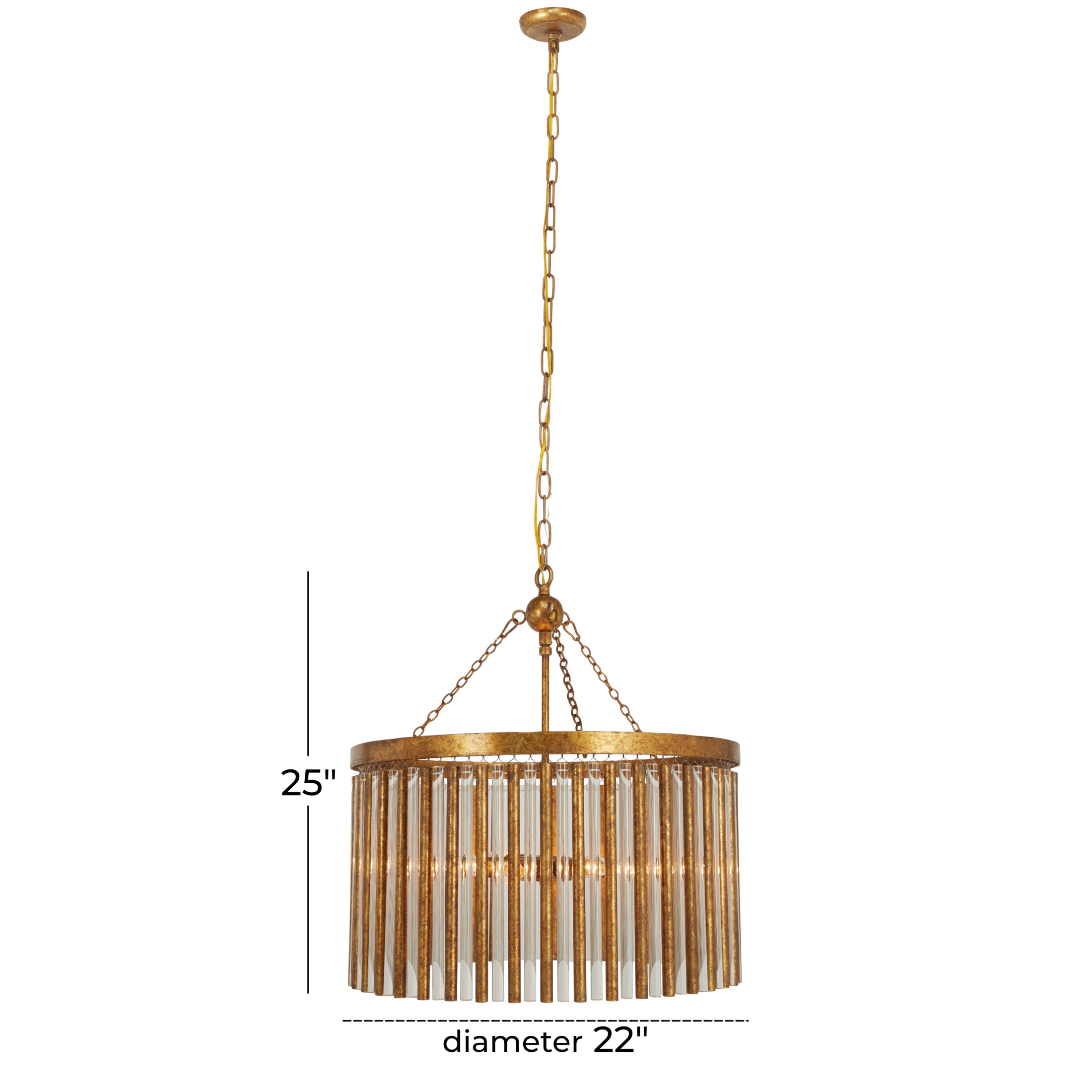 DecMode 22" x 25" Brass Metal Crystal Rod Embellished 6 Light Chandelier with Link Style Chain, 1-Piece