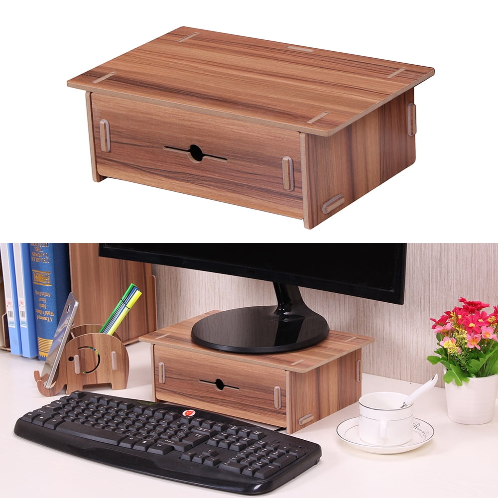 Small Desk Monitor Riser Stand Organizer Wood with Pen Holder Drawer