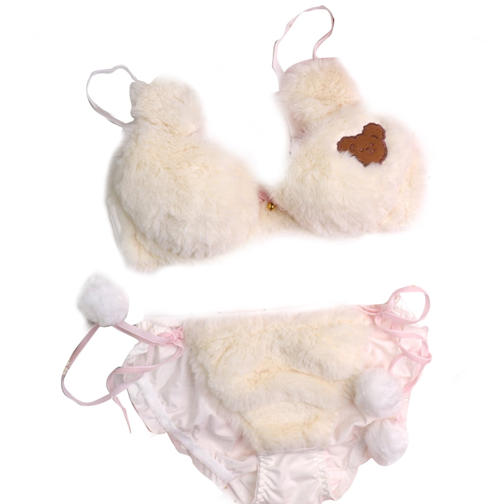 UNFAIRZQ Womens 2pcs Bra Panty Set Cute Bear Embroidery Fluffy Faux Fur  Underwire Underwear Plush Ball Bow Japanese Anime Lingerie : :  Fashion