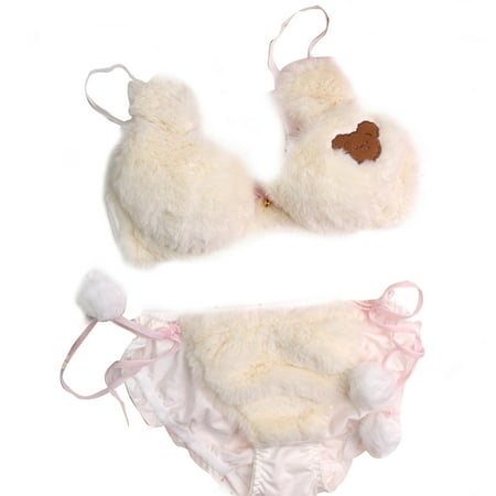 

Womens Lolita Kawaii 2pcs Bra Panty Set Cute Bear Fluffy Faux Fur Underwire Underwear Plush Ball Bow Anime Lingerie