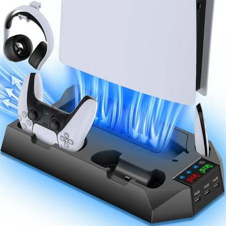 PS5 / PS5 Slim Stand and Cooling Station with Dual Controller Charging Station for PlayStation 5 Console, PS 5 Accessories Incl. Controller Charger, Cooling Fan, Headset Holder, 3 USB Hub, Screw