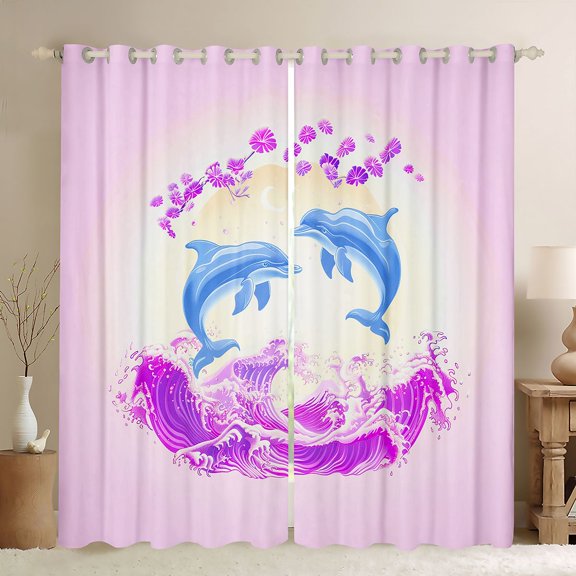 Manfei Blue Dolphin Purple Wave Sakura Moon Black Out Curtains for Kids Boys and Girls, Marine Art Print Curtains Pack of 2 (42x63 Each)