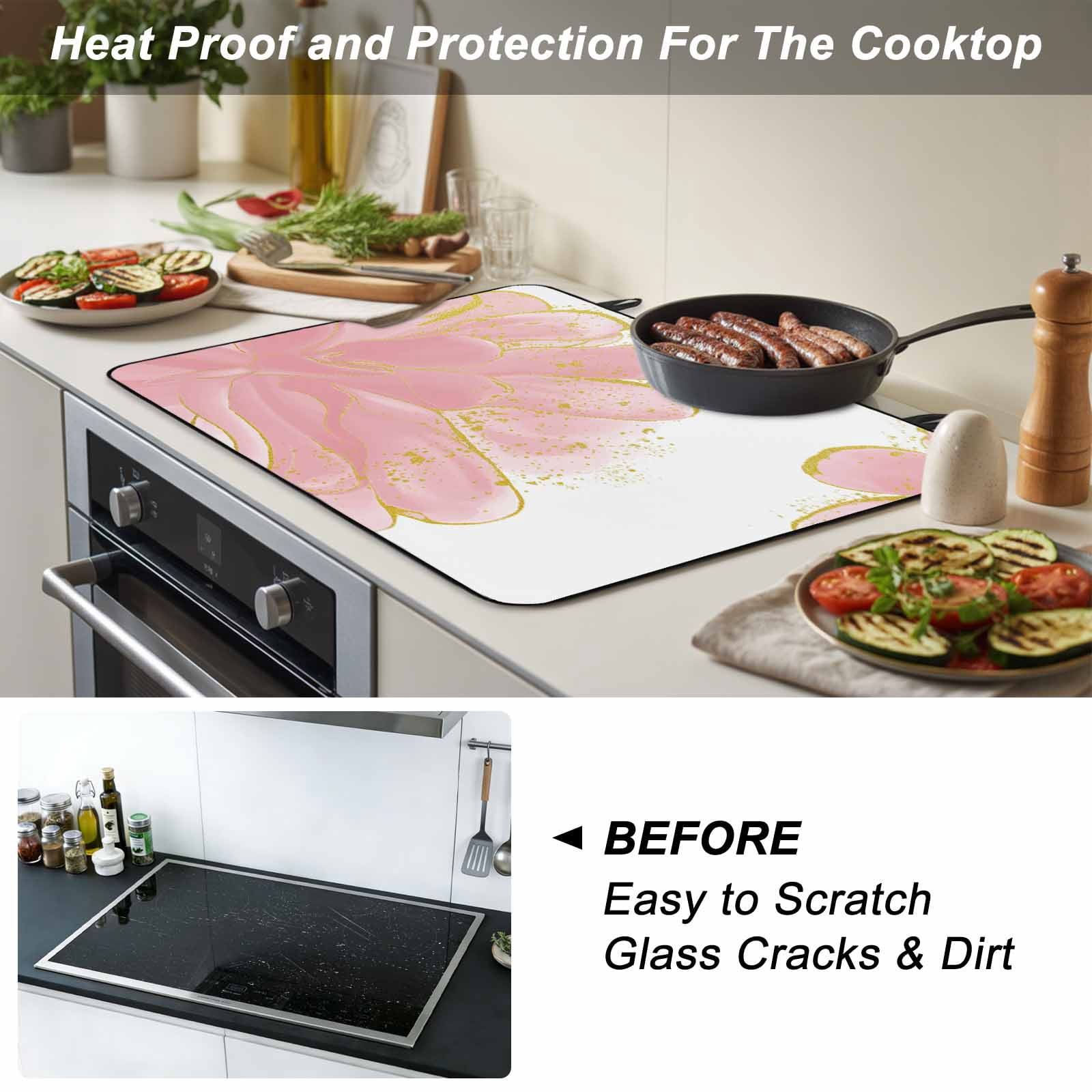Pink Gold Stove Top Cover for Electric Stove, Heat-proof & Non Slip Glass Top Stove Cover Protector, Boho Modern Abstract Minimalist Aesthetic Flower Kitchen Flat Cooktop Rubber Mat 31x24 Inches