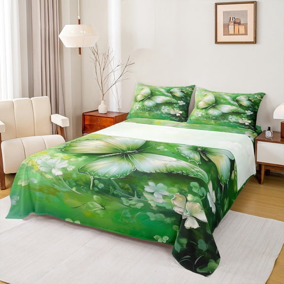 Homewish Flying Butterflies 3pcs Twin Sheet Sets For Teens,Chic Green Flowers Twin Fitted Sheet,Spring Garden Breathable Flat Sheet,Ultra Soft Home Decor