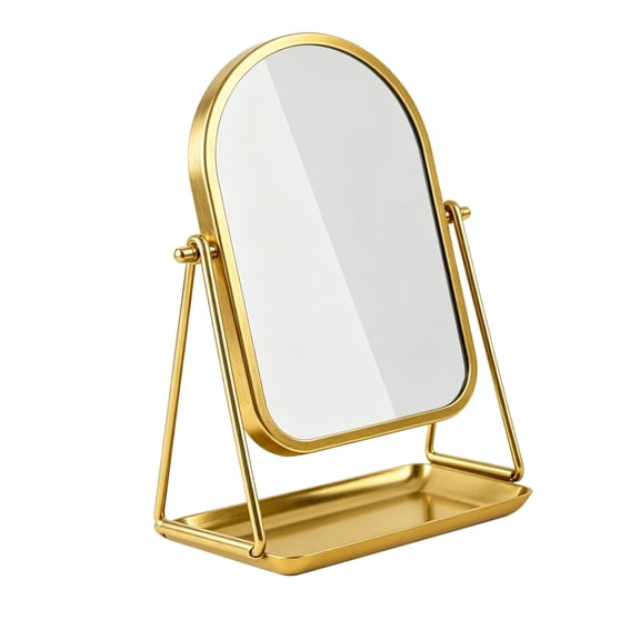 Gold Vanity Mirrors, Dressing Table Mirrors 11.0 x 7.7 x 4.7 in Desk Mirror with Storage Tray, 360° Rotating Mirror with Sturdy Metal Frame for Bathroom Bedroom Makeup and Jewelry Organization