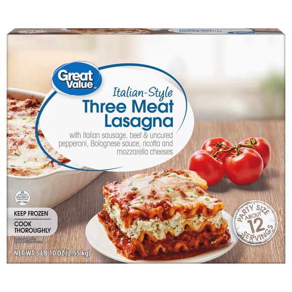 Great Value Italian-Style Three Meat Lasagna Packaged Meal, 90 oz (Frozen)