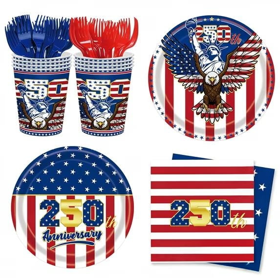 4th of July Patriotic Decorations, 169PCS 250th American Flag Tableware for 24 Guests. Disposable plates, napkins, cups & cutlery, ideal for Independence Day and Memorial Day parties.