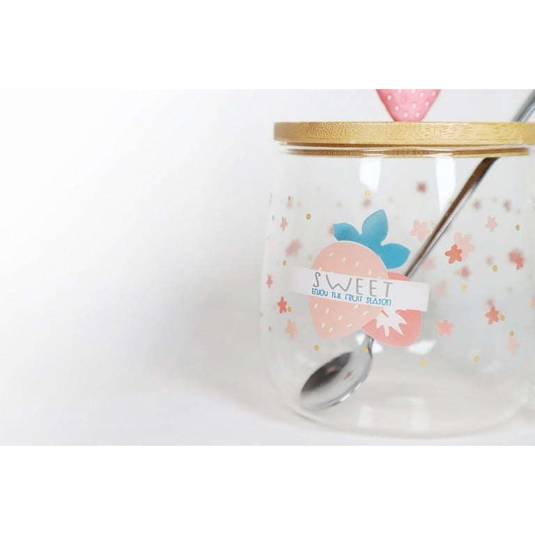 Cute Strawberry Mug Glass Mug with Spoon and Wood Lid Cute Design Fine  Clear Glass Cups Perfect For Coffee, Tea and Beverage