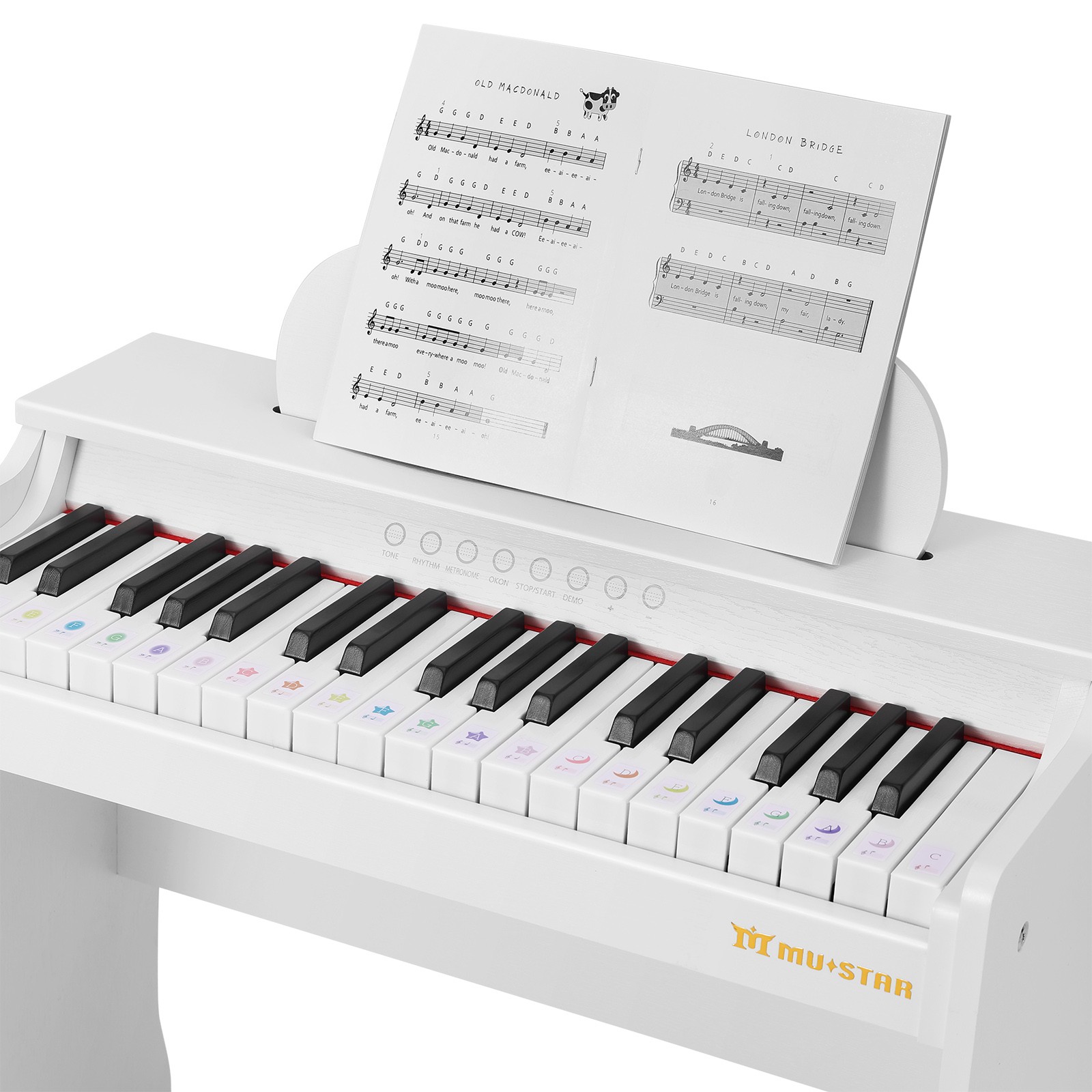 Mustar 37 Keys Kids Wooden Electronic Digital Piano Keyboard Music Education with Stool, Songbook, DIY Stickers (White)