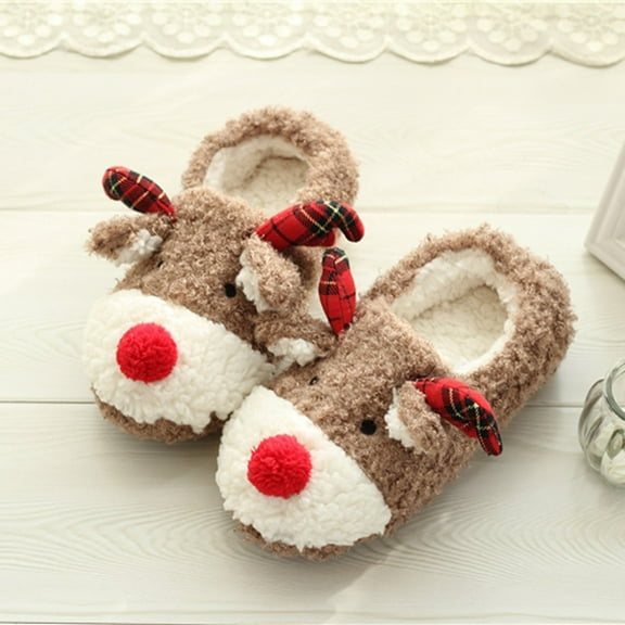Aloohaidyvio Women's Christmas Fuzzy Reindeer House Slippers Stuffed Animal Bedroom Slippers Cozy Christmas Indoor Shoes